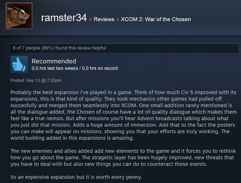 Illustration for article titled XCOM 2: War Of The Chosen, As Told By Steam Reviews